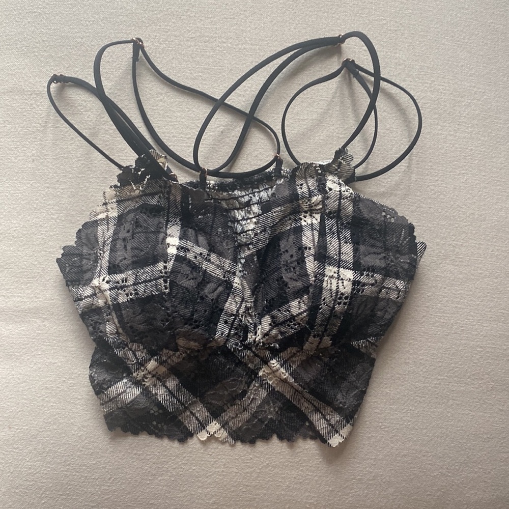 Rouched lace black and white plaid bralette